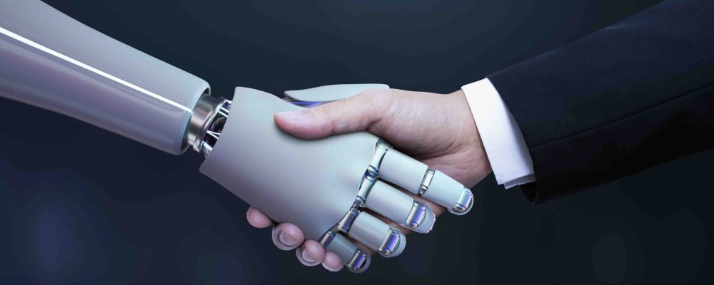Business hand robot handshake, artificial intelligence digital transformation